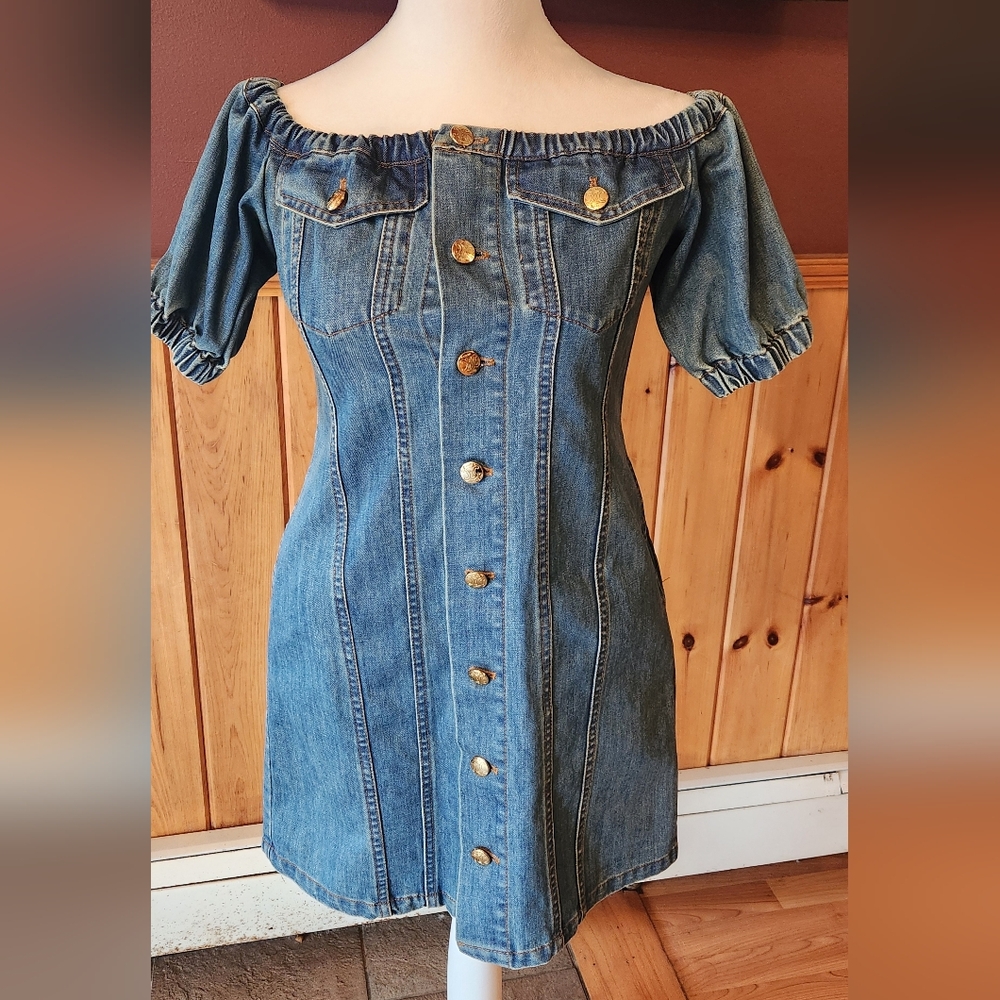 CELINE Paris Denim Off Shoulder Button Up Dress Labeled Large but fits XXS/XS.